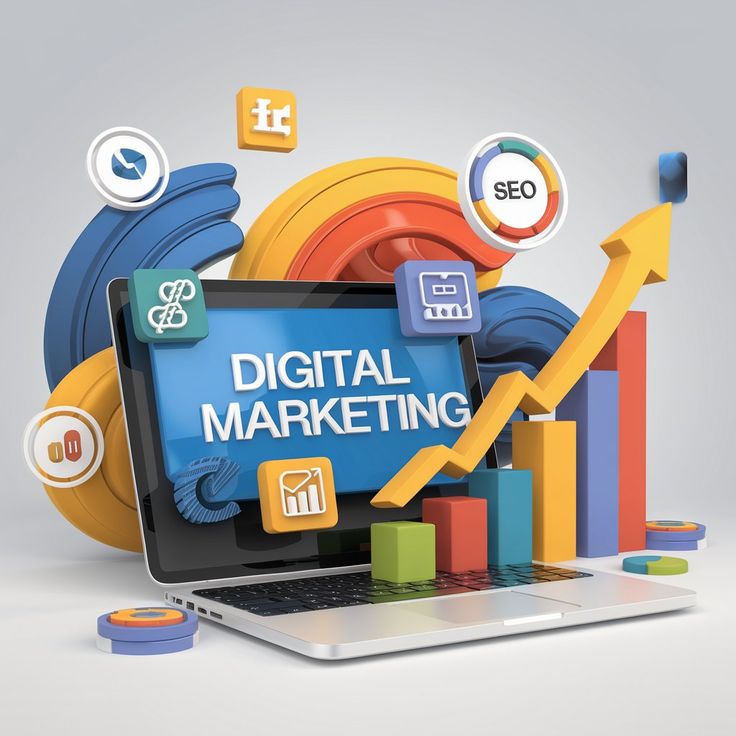Laptop with digital marketing text, charts and a growth arrow